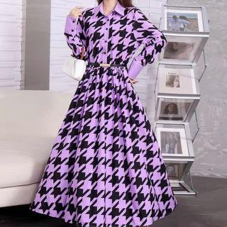 Long-sleeve Houndstooth Midi Shirt Dress