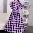 Long-sleeve Houndstooth Midi Shirt Dress