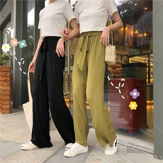 Short Sleeve Plaid T-shirt / Tied-waist Wide-leg Pants