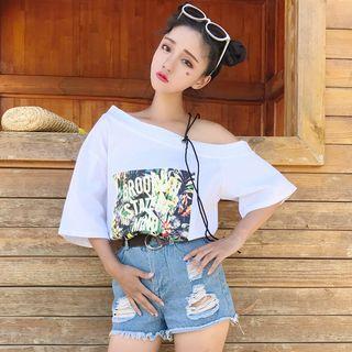 Printed Off Shoulder Elbow Sleeve T-shirt