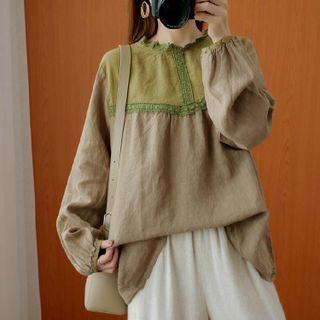Two-tone Panel Lace Trim Blouse Coffee - One Size