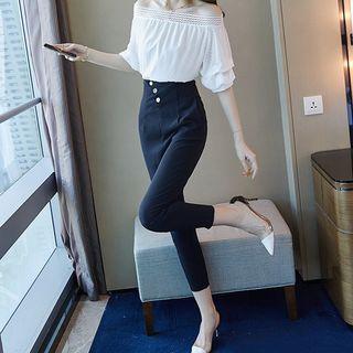 Set: Off-shoulder Blouse + Cropped Straight Leg Pants