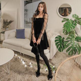 Sheer-sleeve Velvet Dress One Size