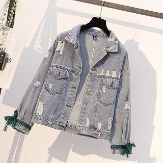 Distressed Denim Jacket / Spaghetti Strap Tiered Dress / Set