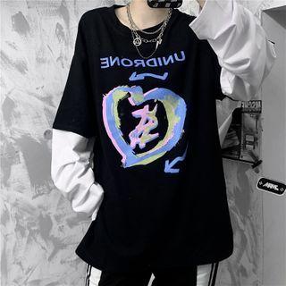 Mock Two-piece Heart Print T-shirt