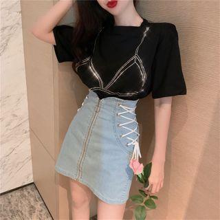 Set: Short-sleeve T-shirt + High-waist Zip Denim Mini A-line Skirt