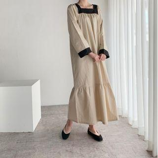 Contrast Trim Long-sleeve Maxi Shift Dress