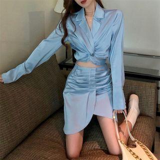 V-neck Blouse / Irregular Hem Mini A-line Skirt