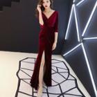 Elbow-sleeve Slit Maxi A-line Velvet Dress