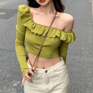 Ruffle Trim Crop Knit Top Green - One Size