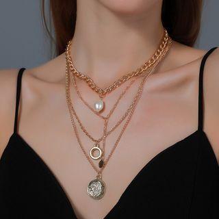 Faux Pearl Disc Hoop Pendant Layered Alloy Necklace 01 - Gold - One Size