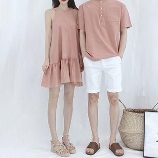 Couple Matching Plain Short-sleeve T-shirt / Halter-neck Shift Dress