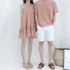 Couple Matching Plain Short-sleeve T-shirt / Halter-neck Shift Dress