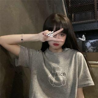 Bear Print Short-sleeve T-shirt + Argyle Wide-leg Pants