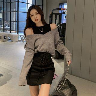 Cold-shoulder Mock Two-piece Sweater / Mini Pencil Skirt