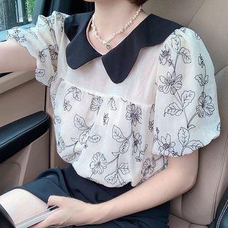 Puff-sleeve Floral Blouse Black Floral - Off-white - One Size