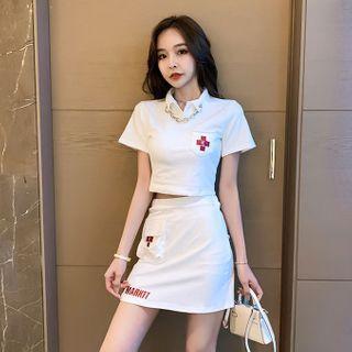 Set: Chain Short-sleeve Embroidered Cropped Polo Shirt + Mini Straight-fit Skirt