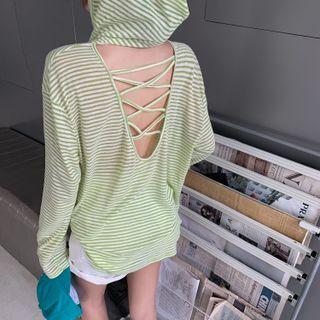 Long-sleeve Striped Open-back Hooded Top