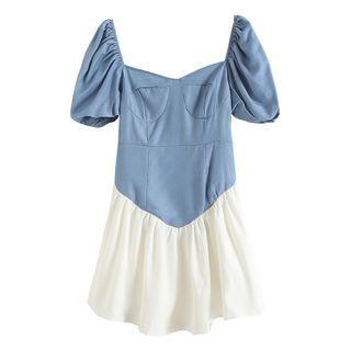 Puff-sleeve Square-neck Two-tone Mini A-line Dress