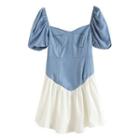 Puff-sleeve Square-neck Two-tone Mini A-line Dress