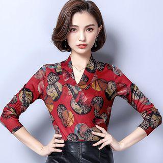 Long-sleeve V-neck Printed Top