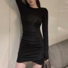 Long-sleeve Plain Mini Sheath Dress Black - One Size