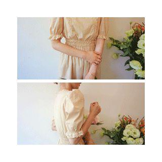 Puff-sleeve Lace-trim A-line Dress