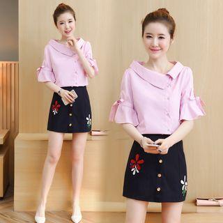Set: Striped Bell-sleeve Shirt + Flower Applique A-line Skirt