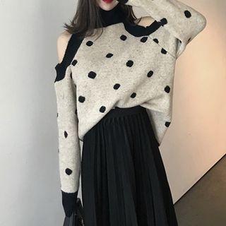 Contrast-trim Dotted Cold-shoulder Sweater / Pleated Midi A-line Skirt