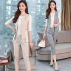 Set: 3/4-sleeve T-shirt + Plaid Open-front Vest + Cropped Skinny Pants