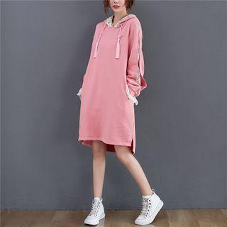Lace-trim Embroidered Hooded Dress Pink - One Size