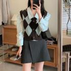 Argyle Sweater Vest / Plain Shirt / Wrap A-line Skirt / Set