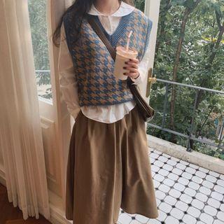 Plain Blouse / Houndstooth Sweater Vest / Midi A-line Skirt / Set
