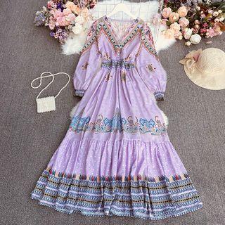 V-neck Print Midi A-line Dress