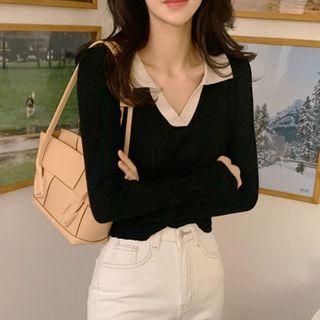 Bell-sleeve Contrast Trim Plain Knit Top Black - One Size