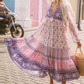 Long-sleeve Floral Print Tasseled Midi A-line Dress