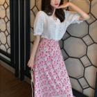 Puff-sleeve Eyelet Lace Top / Floral Print A-line Midi Skirt