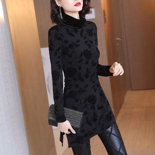 Long-sleeve Mock-neck Floral-pattern Top