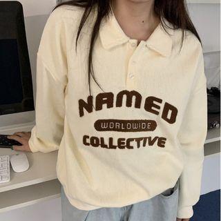 Embroidered Lettering Split-neck Top
