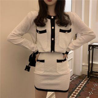Set: Contrast Trim Cropped Cardigan + A-line Skirt + Pants