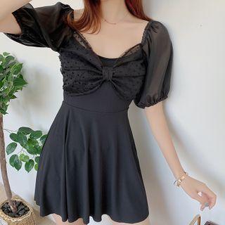 Puff-sleeve Dotted Bow Swimdress
