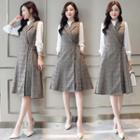 Set: Mock Neck Pleated Top + Sleeveless Plaid Wrapped Dress