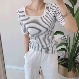 Square-neck Striped Knit Top