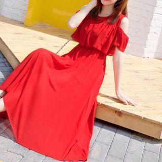 Cold-shoulder Short-sleeve Maxi A-line Dress