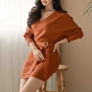 V-neck Belted Knit Dress