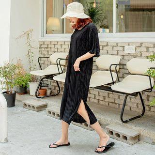 Lettuce-edge Accordion-pleat Long Dress