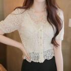 Set: Scallop-edge Cropped Lace Blouse + Camisole Top Beige - One Size