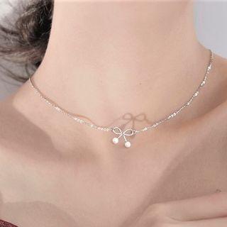 Bow Faux Pearl Pendant Sterling Silver Choker