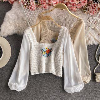 Crochet-knit Panel Embroidered Chiffon Blouse