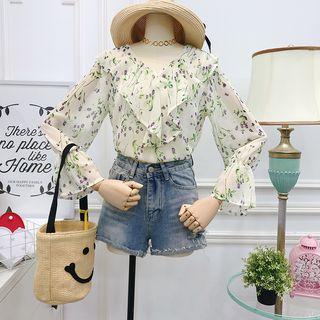 Ruffled-trim Rose-print Chiffon Top